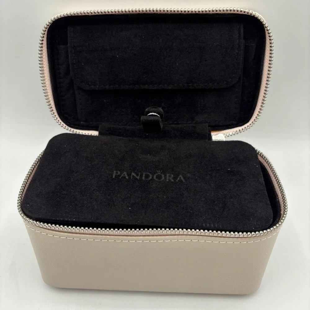 Pandora Beige Faux Leather Jewelry Box/Travel Case w/Black Velvet Interior